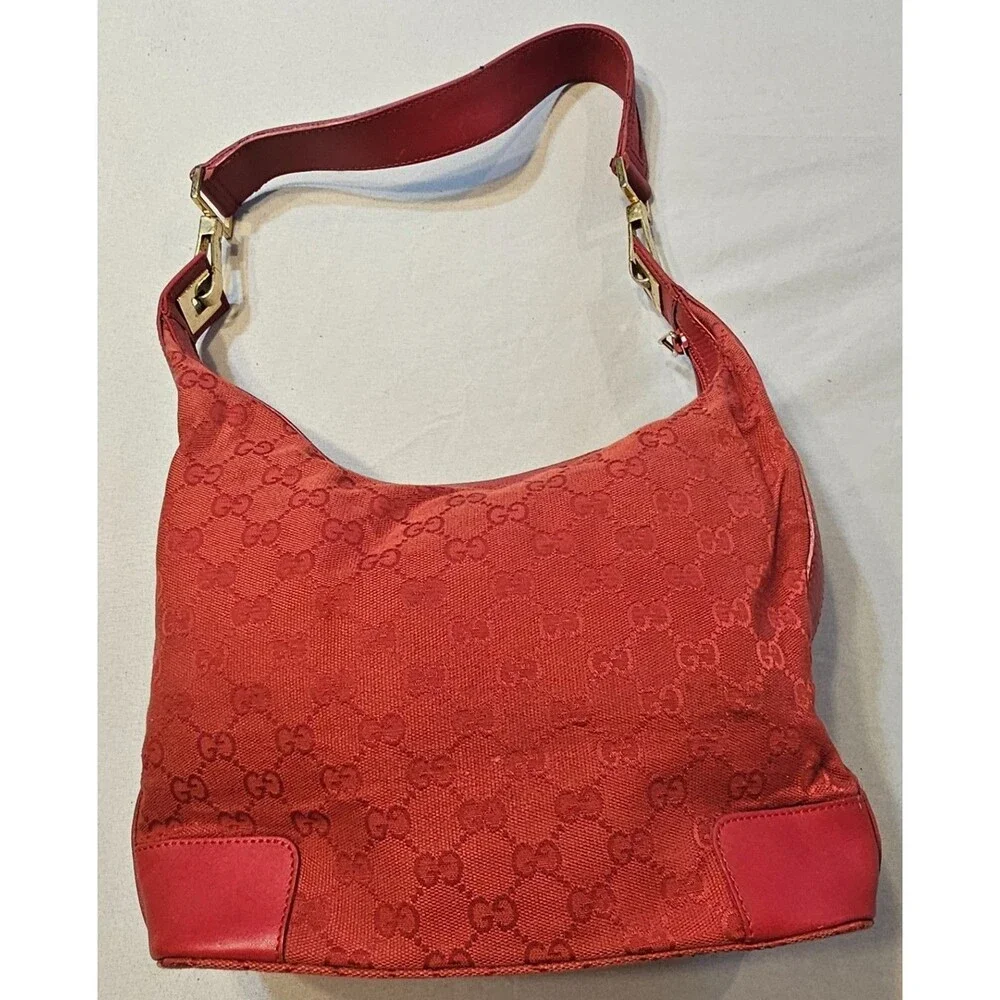 Gucci GG Canvas Hobo Bag Red Model 001‑4204 Leather Trim Gold Hardware Shoulder